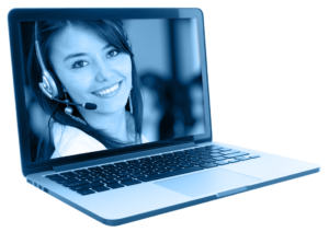 Laptop with friendly IT customer support agent on headset