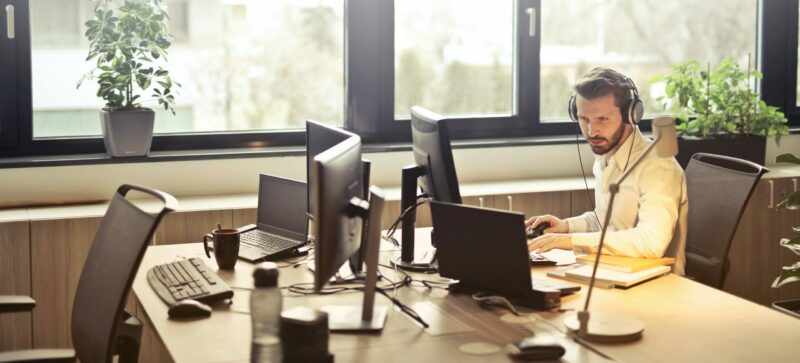 desks with desktop computers
